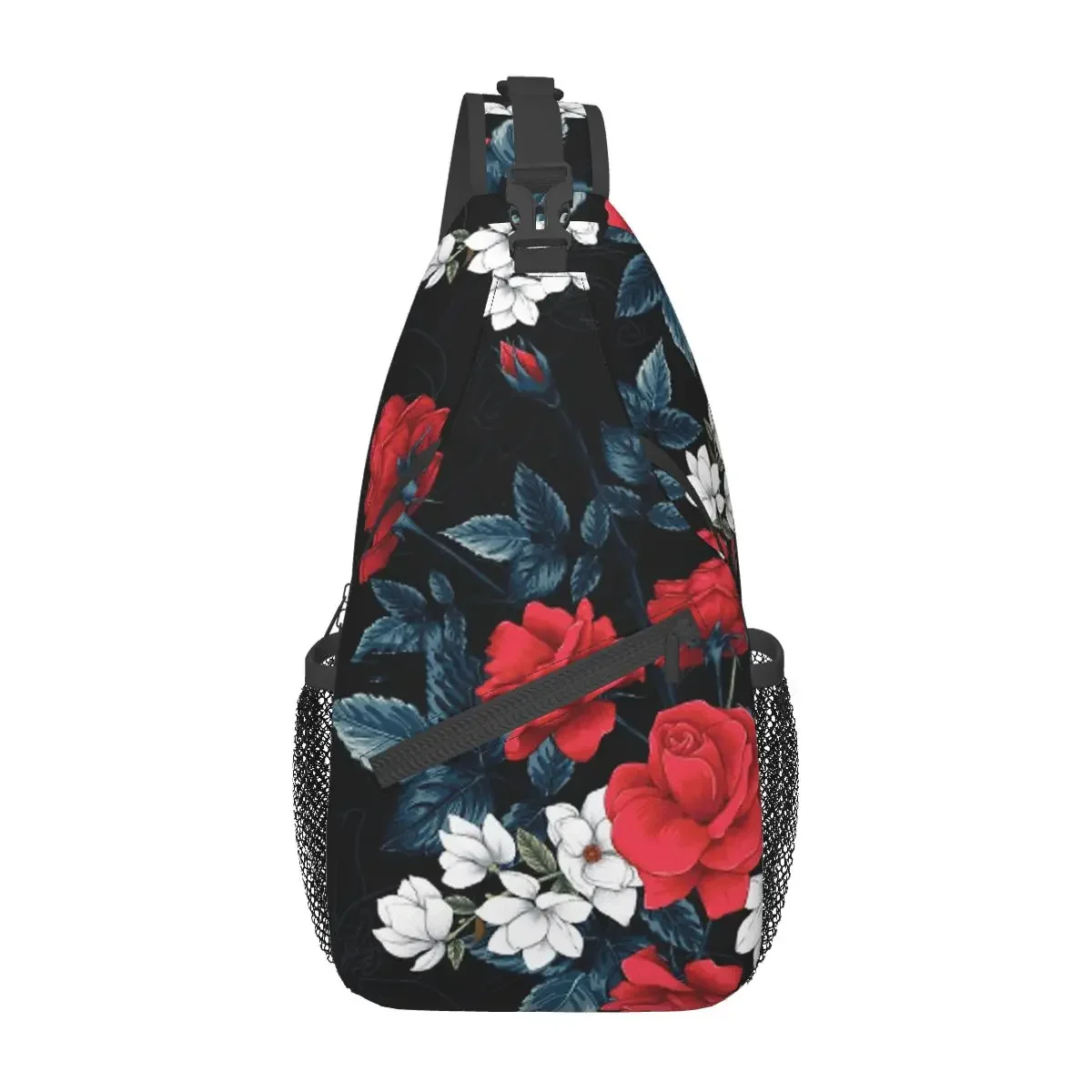 Red Rose Flowers Crossbody Sling Bags Cool Chest Bag Heart Floral Shoulder Backpack Daypack for Hiking Outdoor Travel Satchel