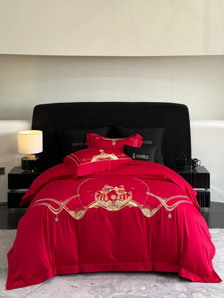 

Romantic Red Wedding 4-Piece Bedding Set for Couples, 100% Cotton Embroidered Duvet Cover, King Size 240×220cm
