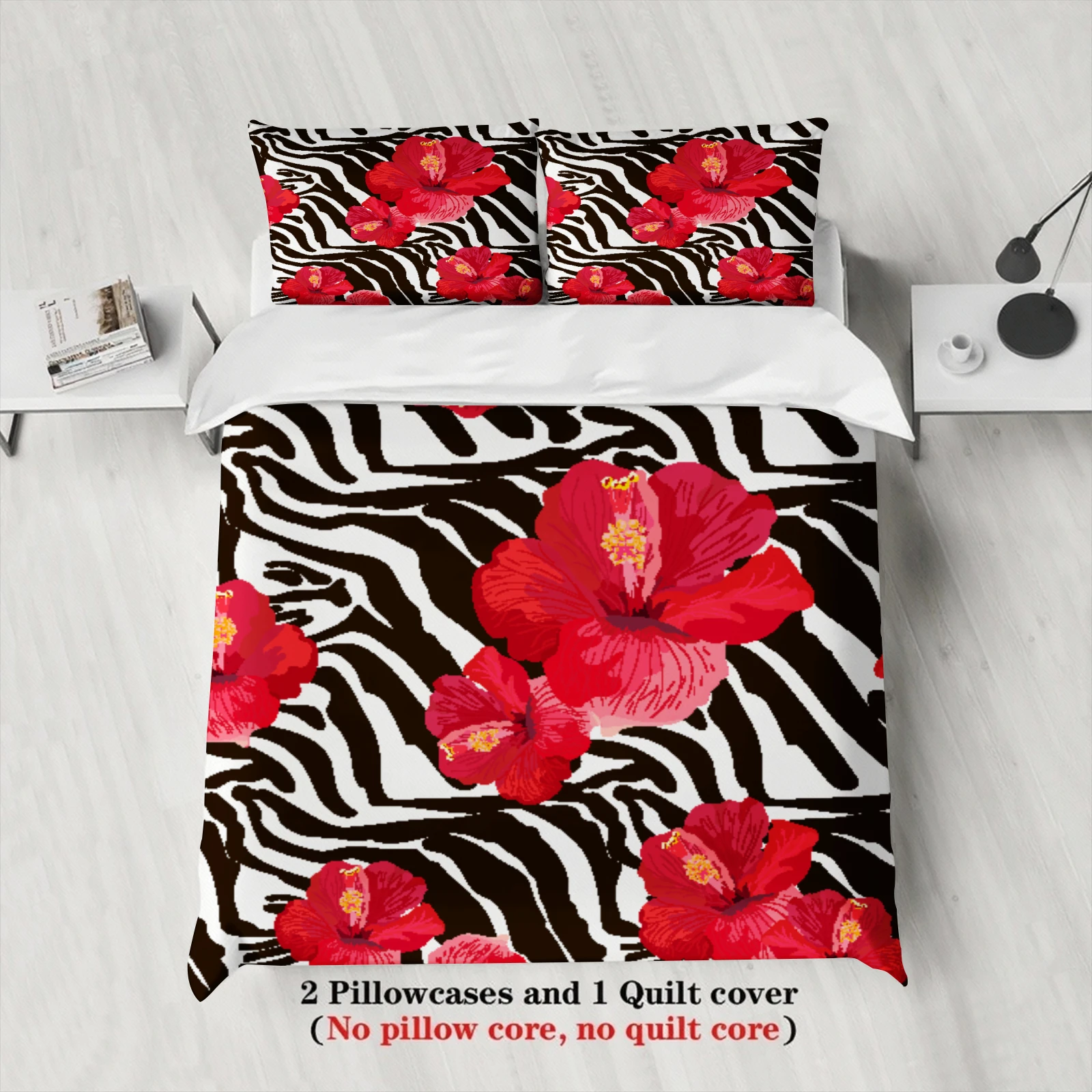 3pcs Vivid Floral Duvet Cover Zebra Stripe 3D Printed Single Twin Queen Size 100% Polyester Quilt Cover Sets