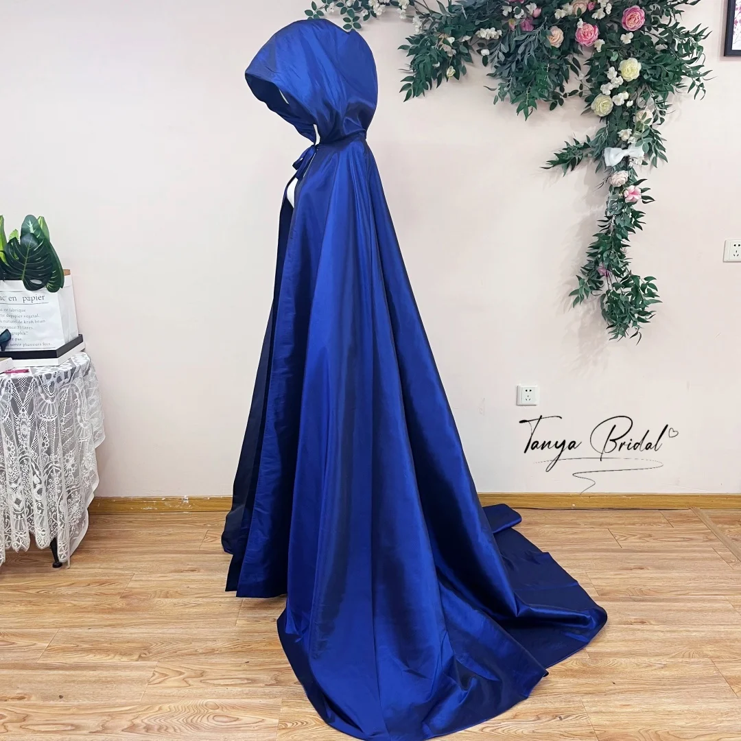 Royal Blue Taffeta Hooded Bridal Cape Long Evening Cloak Front Tie Bow Elegant Bride Shawl Wrap for Outdoor Party