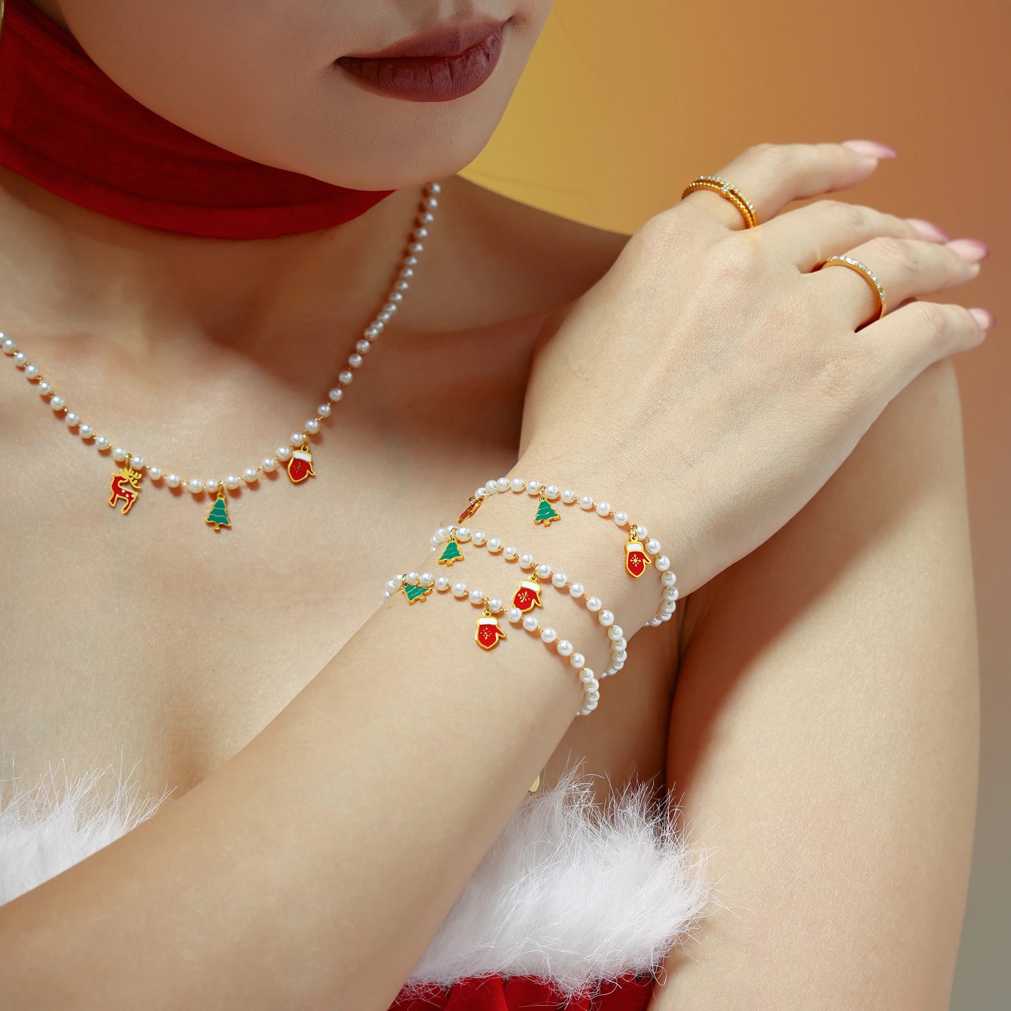 Hirsch-Weihnachtsbaum-Handschuh-Anhänger, Halsketten, Armbänder für Damen, 316L Edelstahl, Imitationsperlen-Strang, Schmuckset – Detail 2