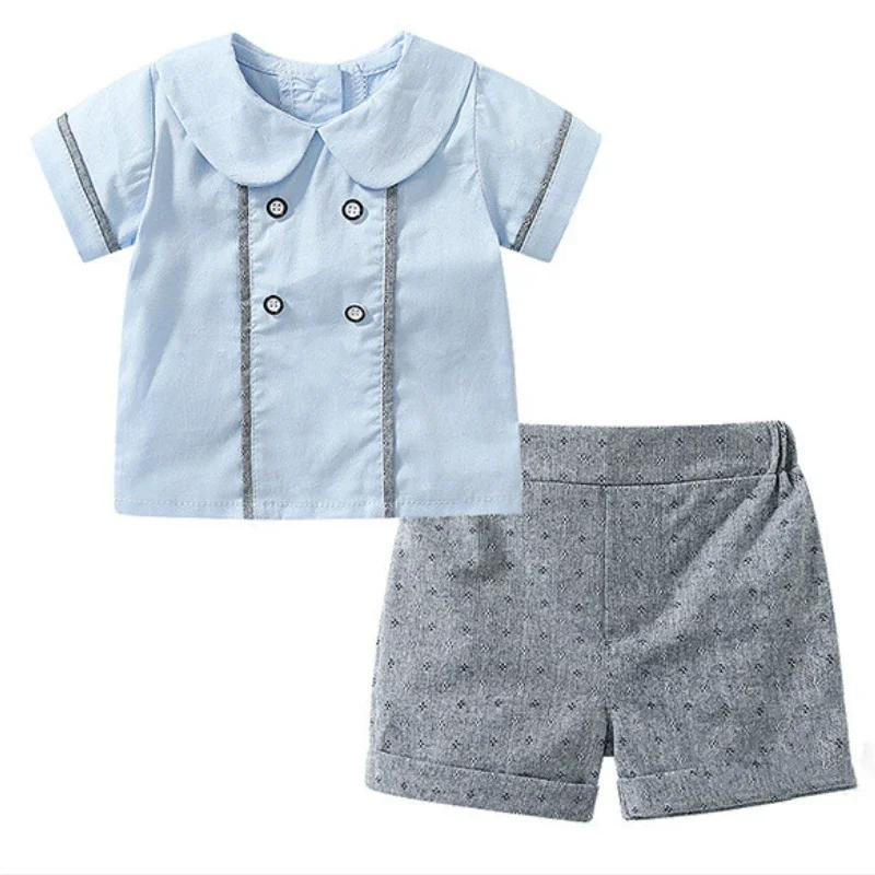 Summer Suit For Baby Boy Spanish Clothes Set Children Boutique Outfits Blue Cotton Shirts Grey Shorts Pant Kid Birthday Clothing