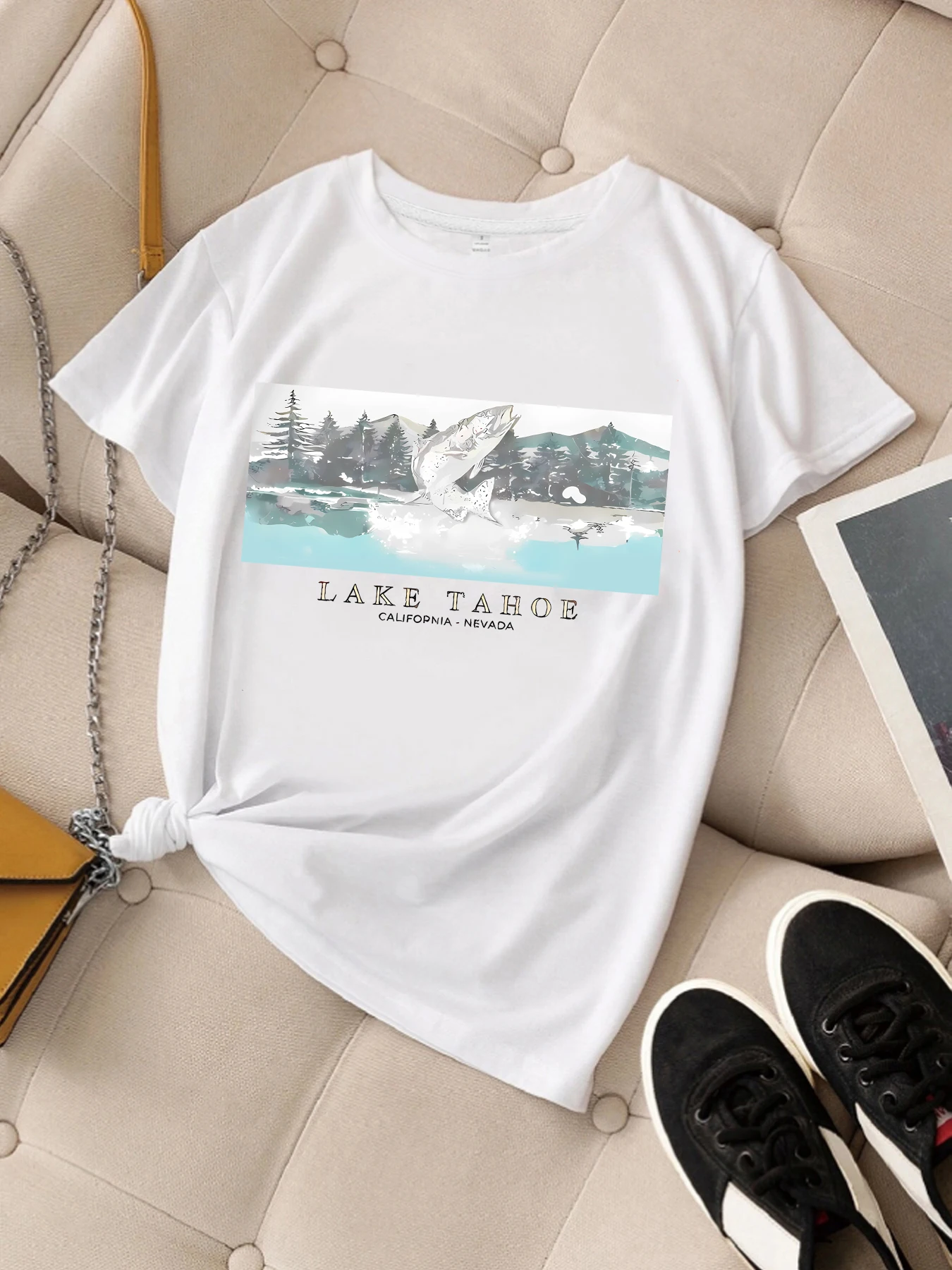 

Mountains rivers trees streams Plus size women round neck short sleeve T-shirt with elastic half sleeves and trendy prints
