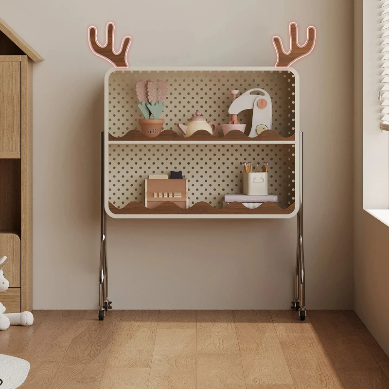 Movable Animal Kids Bookshelf, Multi-Layer Cream Creative Picture Book Storage Rack, Iron Floor Stand for Living Room Nursery