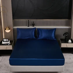 Navy Blue Silk Satin Fitted Sheet Sets, Soft Deep Pocket Queen Bottom Bed Sheets Set Non- Fading, Breathable Mattress Protector