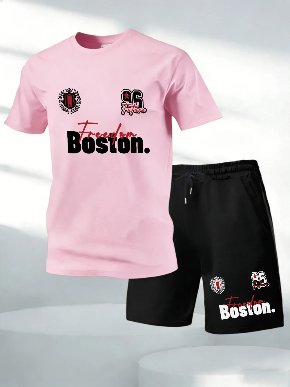 

Two Pieces Set Boston Freedom Future Printed Cotton Tops Shorts Mens O-Neck Oversized Soft T-Shirts Pocket High Waisted Pants