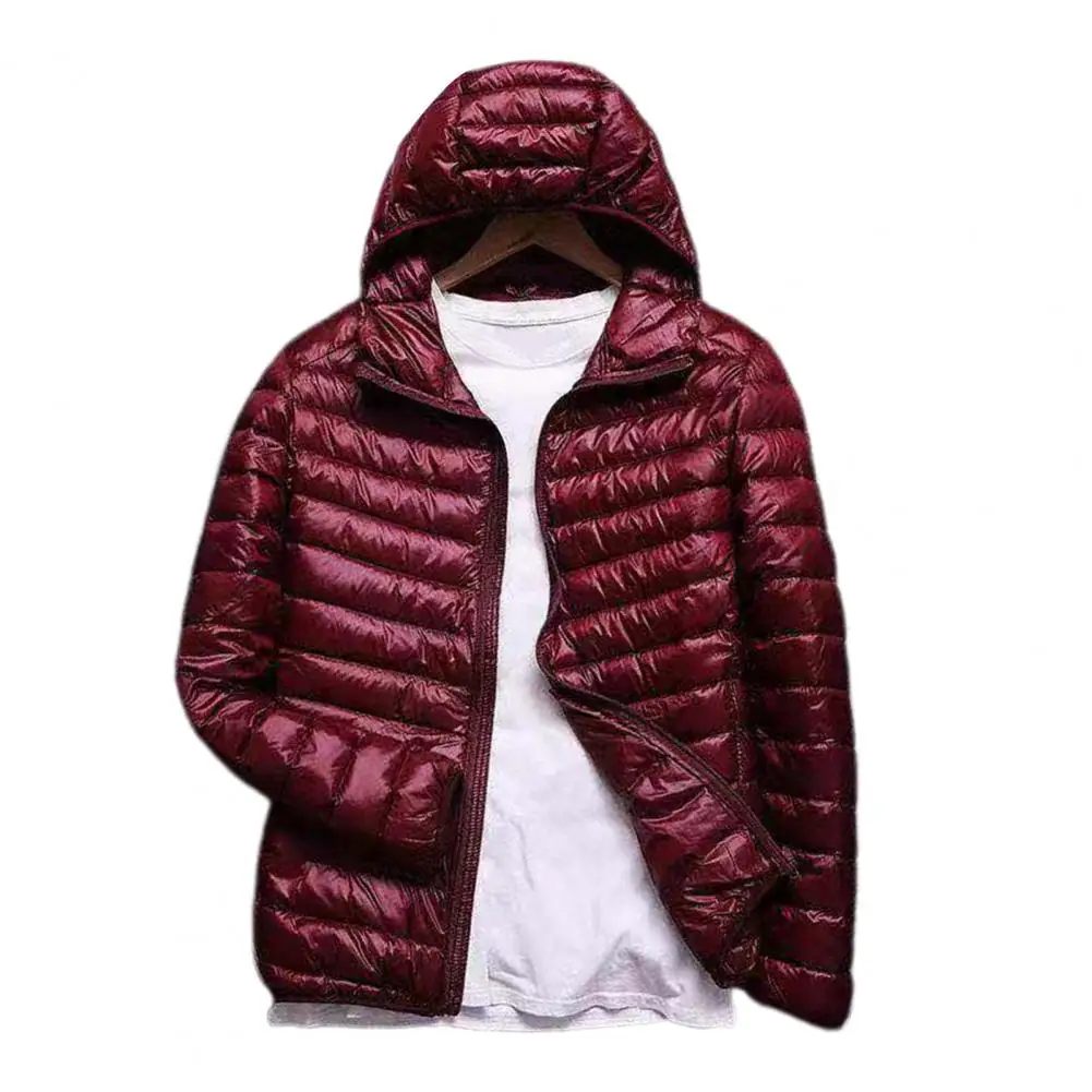 Plus Size Winter Men Down Coat Ultra Lightweight Hood Solid Color Thin Cotton Padded Zipper Jacket Streetwear