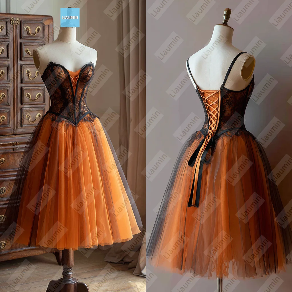 

Orange Tulle Strapless Black Lace Applique Tea Length Prom Wedding Formal Dress For Evening Lace Up Back Customized Made A7-1.16