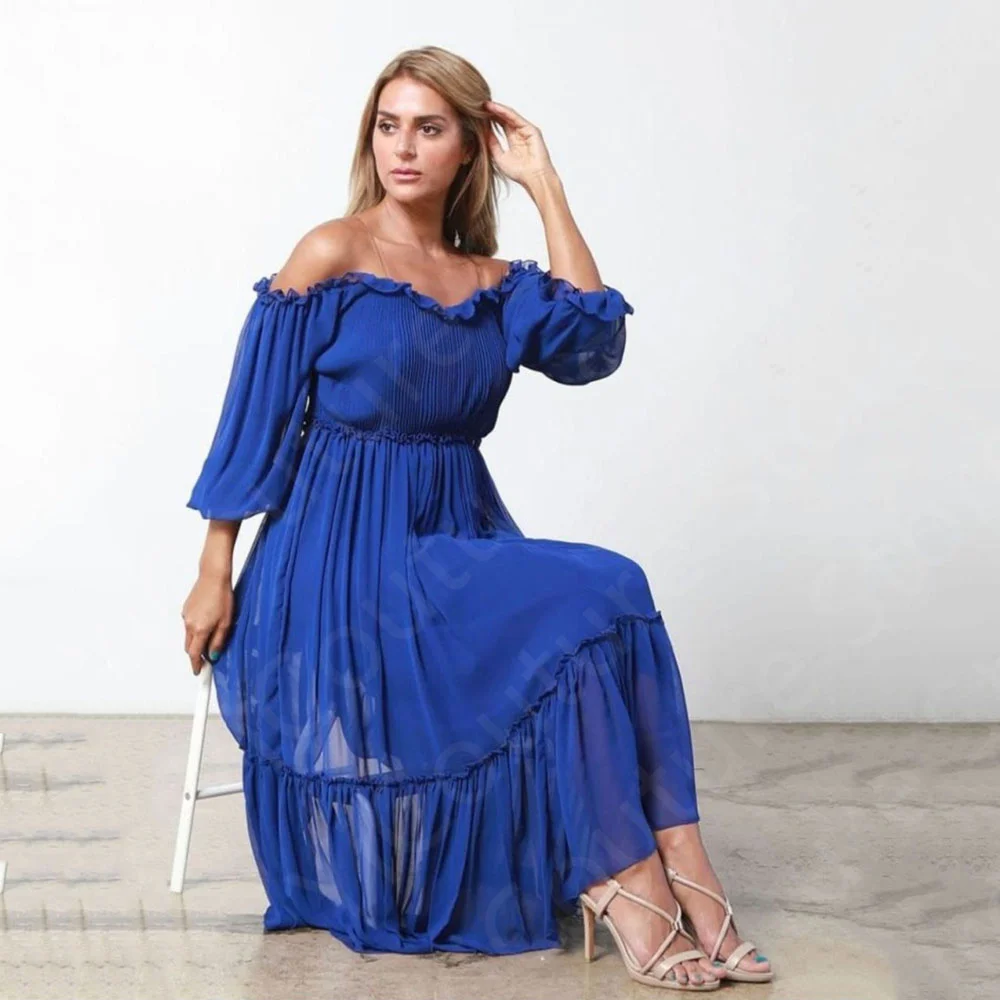 

Customized New Arrival Prom Gowns Royal Blue Short Evening Dresses Off Shoulder 3/4 Sleeves Birthday Party Dress Mid Calf Length