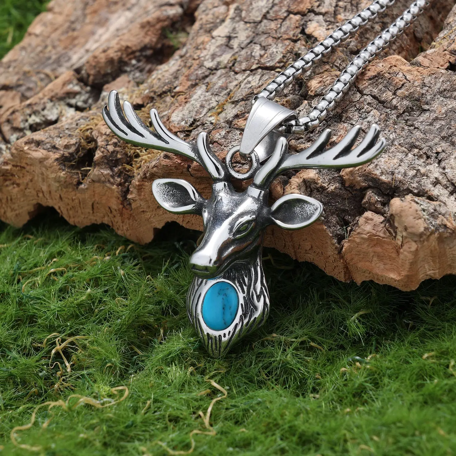 European and American stainless steel sika deer pendant personalized punk retro trendy men stainless steel turquoise deer head p