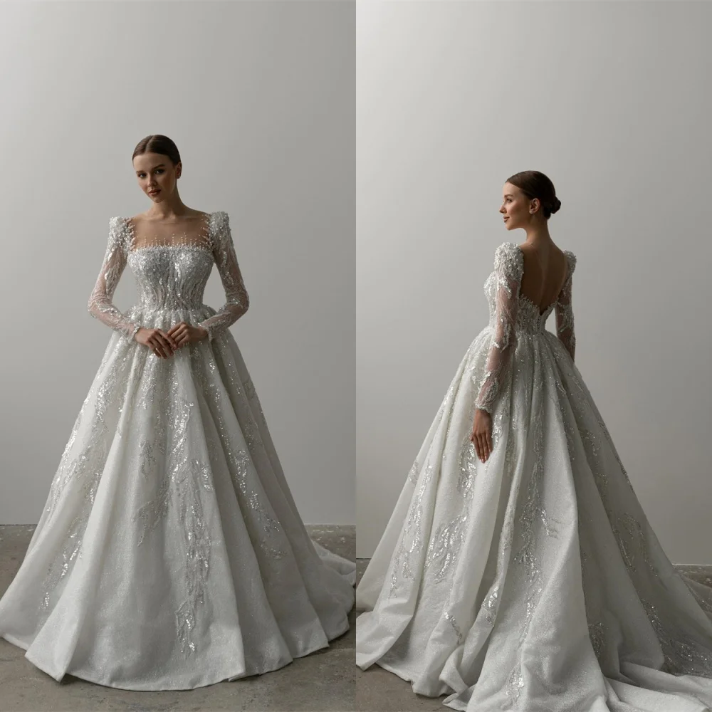 

Customized Romantic White Organza Sequined Wedding Dress Exquisite Square Collar Long Sleeves Beading Chapel Train Bridal Gowns