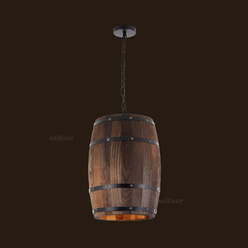 Retro Wood Barile Pendant Lamp Industrial Bucket Suspension Light Hotel Bar Store Cafe Bistro Loft Hanging Ceiling Chandelier