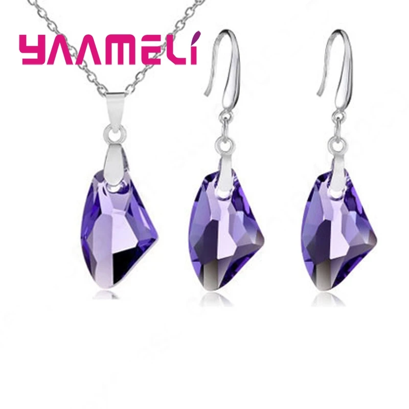 NEW 925 Sterling Silver Jewelry Sets Geometric Austrian Crystal Pendant Necklace Hook Earwire Earrings Wedding Accessory
