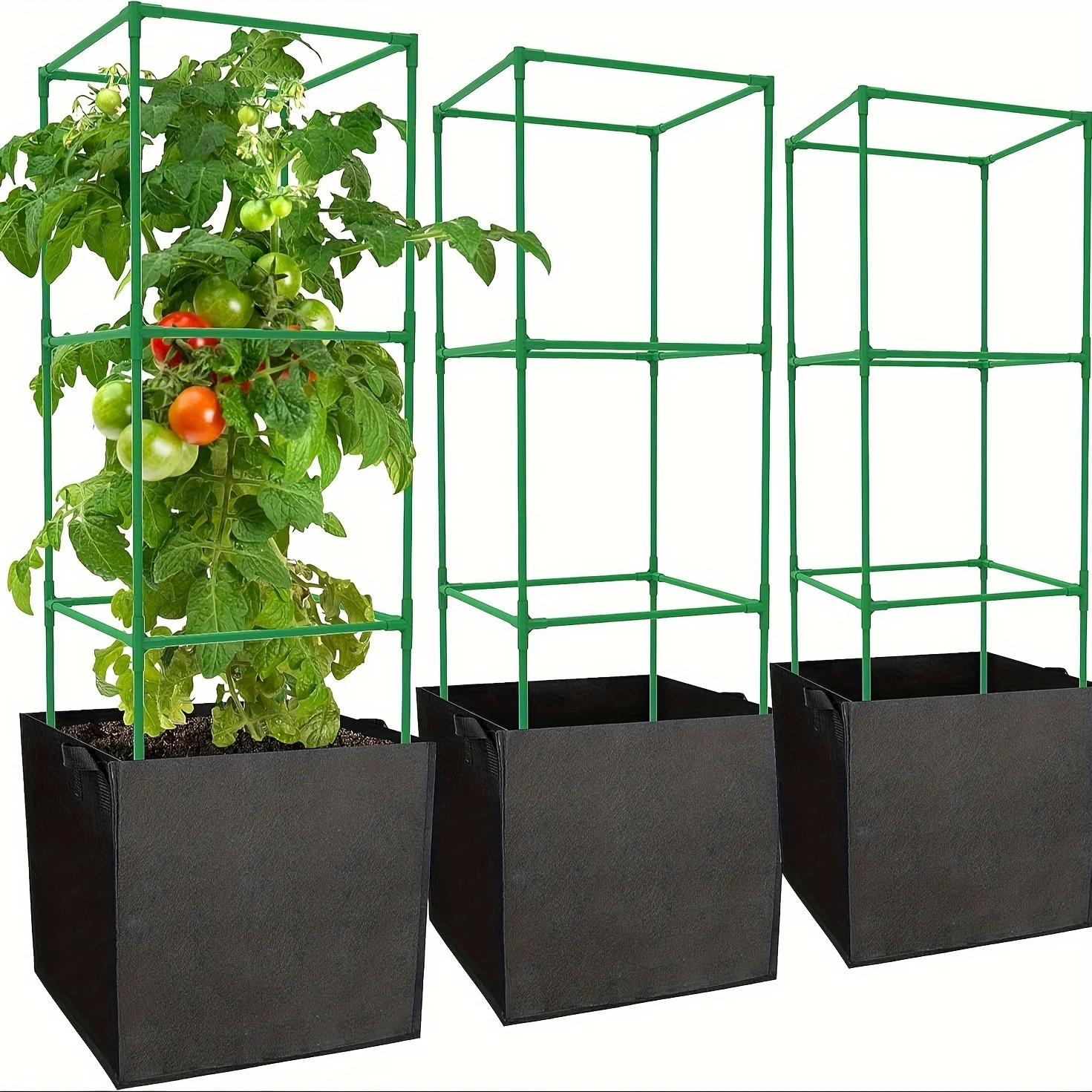 3 Pack 47 x 16 x 16 Inch Garden Tomato Cages with 17.7 Gallon Grow Bags-Square Plant Support Trellis Assembled with Planter Bags