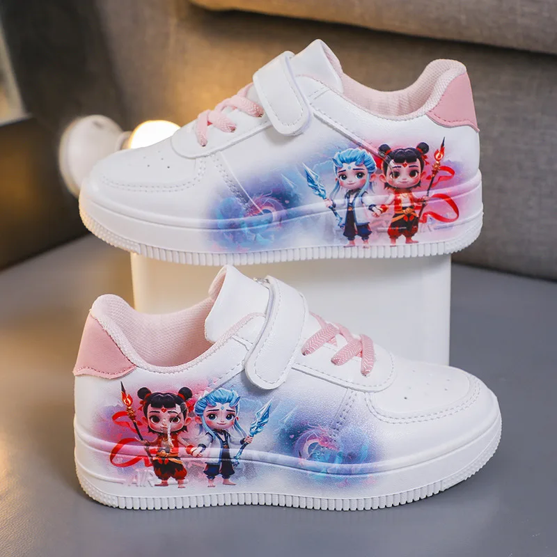 

Белые кроссовки для девочек, весна-лето, повседневные сетчатые дышащие детские кроссовки, детская популярная спортивная сверхлегкая обувь с героями мультфильмов