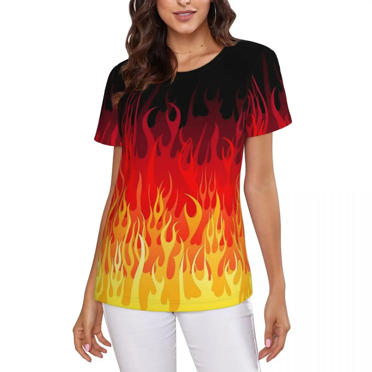 Red Hot Rod Flame On Edge Black Background T-Shirt Women Short Sleeve T Shirts Round Neck Streetwear Cotton Summer Tees