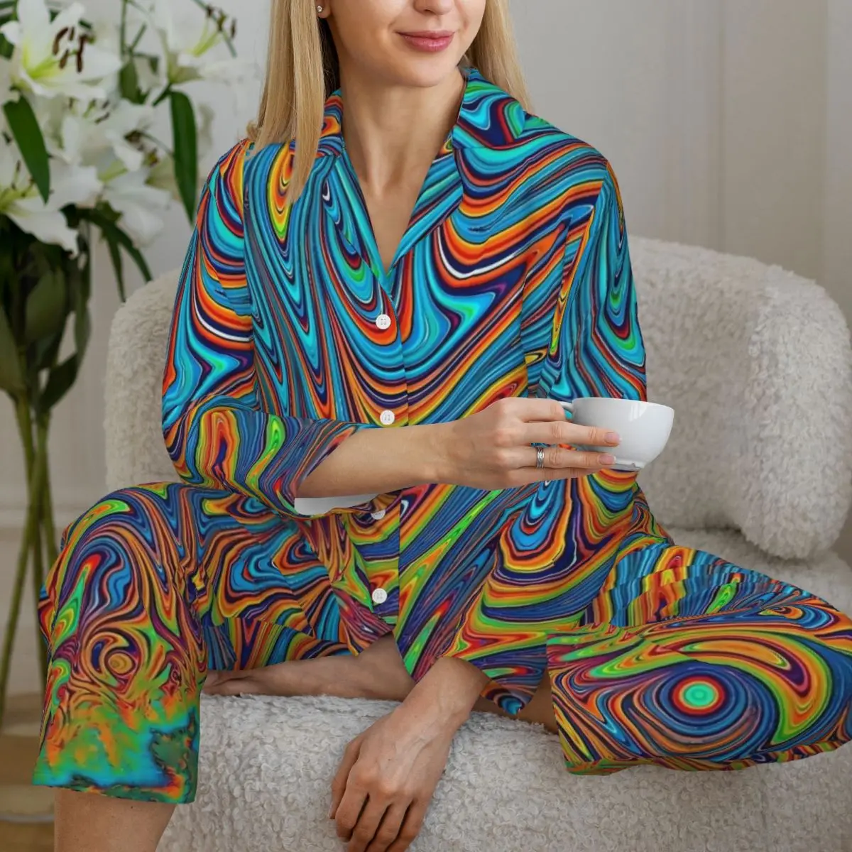 Contrast Color Pajamas Lady colorful psychedelic Warm Room Sleepwear Spring 2 Pieces Casual Oversized Custom Pajamas Set