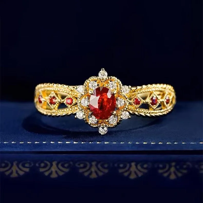 

Элегантное открытое кольцо для женщин с красным корундом, винтажное, позолоченное, повседневное, модное, роскошное, из сплава, ювелирное украшение