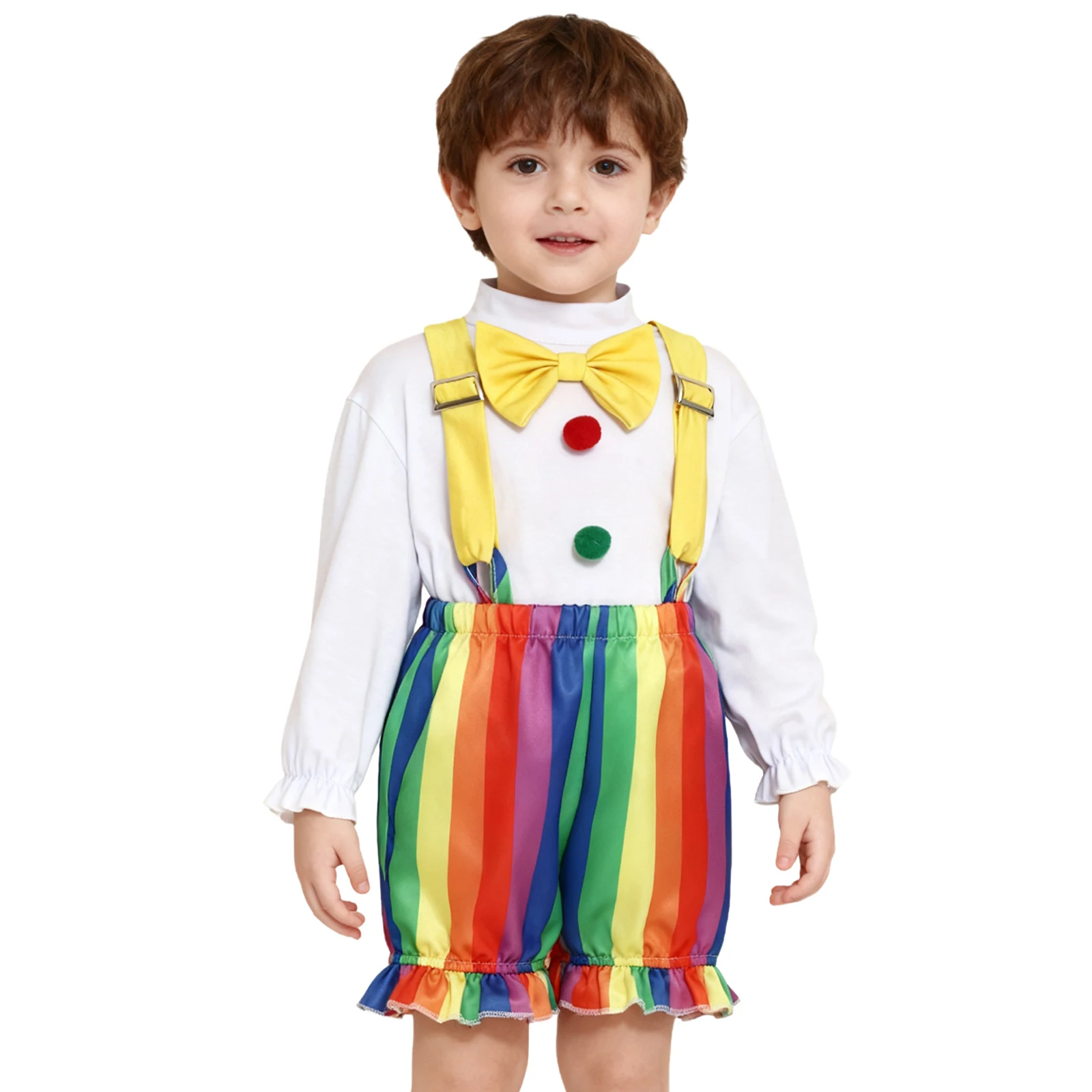 Toddler Baby Circus Clown Cosplay Costume Long Sleeve Bow Tie Romper with Suspenders Shorts for Halloween Carnival Photography