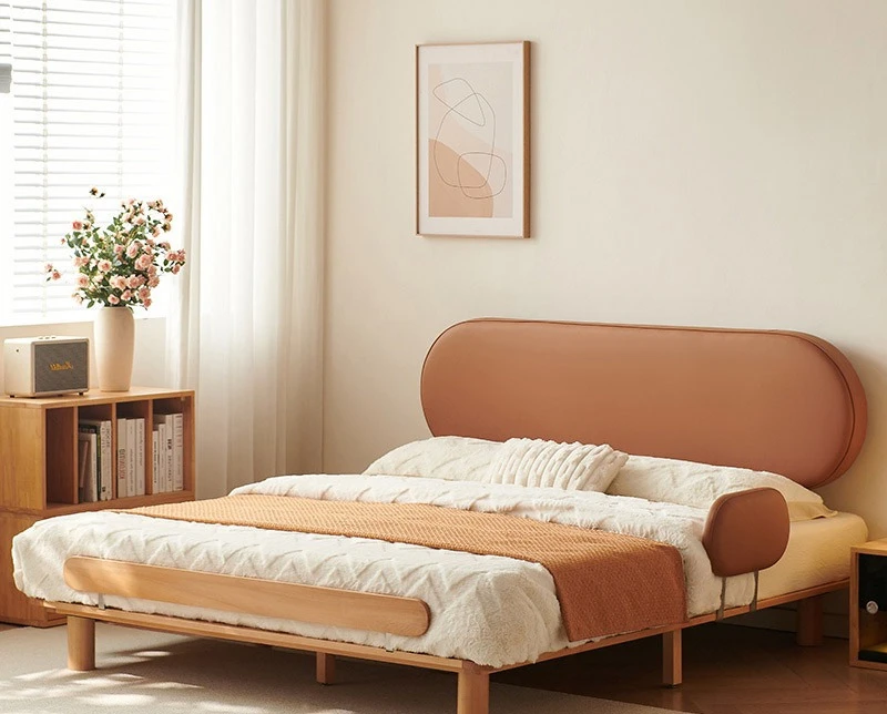 ultra-thin bedside, leather all solid wood, master bedroom small apartment double Japanese style, log wind soft bed