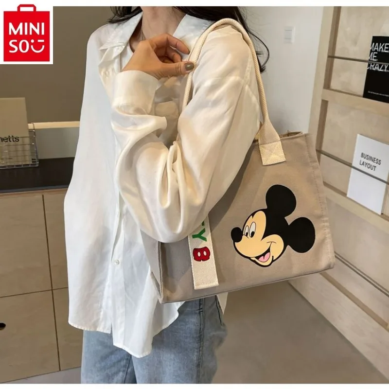 MINISO Disney High Quality Canvas Large Capacity Handbag for Women\'s Cute Mickey Donald Duck Printed Casual Storage Tote Bag