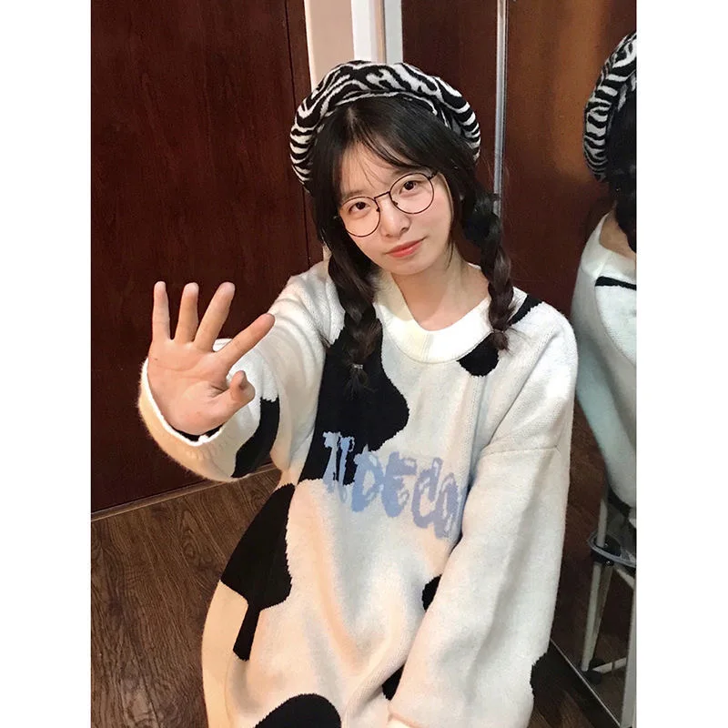 Maglione sopra la testa lungo ampio lavorato a maglia con motivo mucca carino per donna Autunno Inverno Faion Lazy Sle Riduzione dell'età di piccole dimensioni