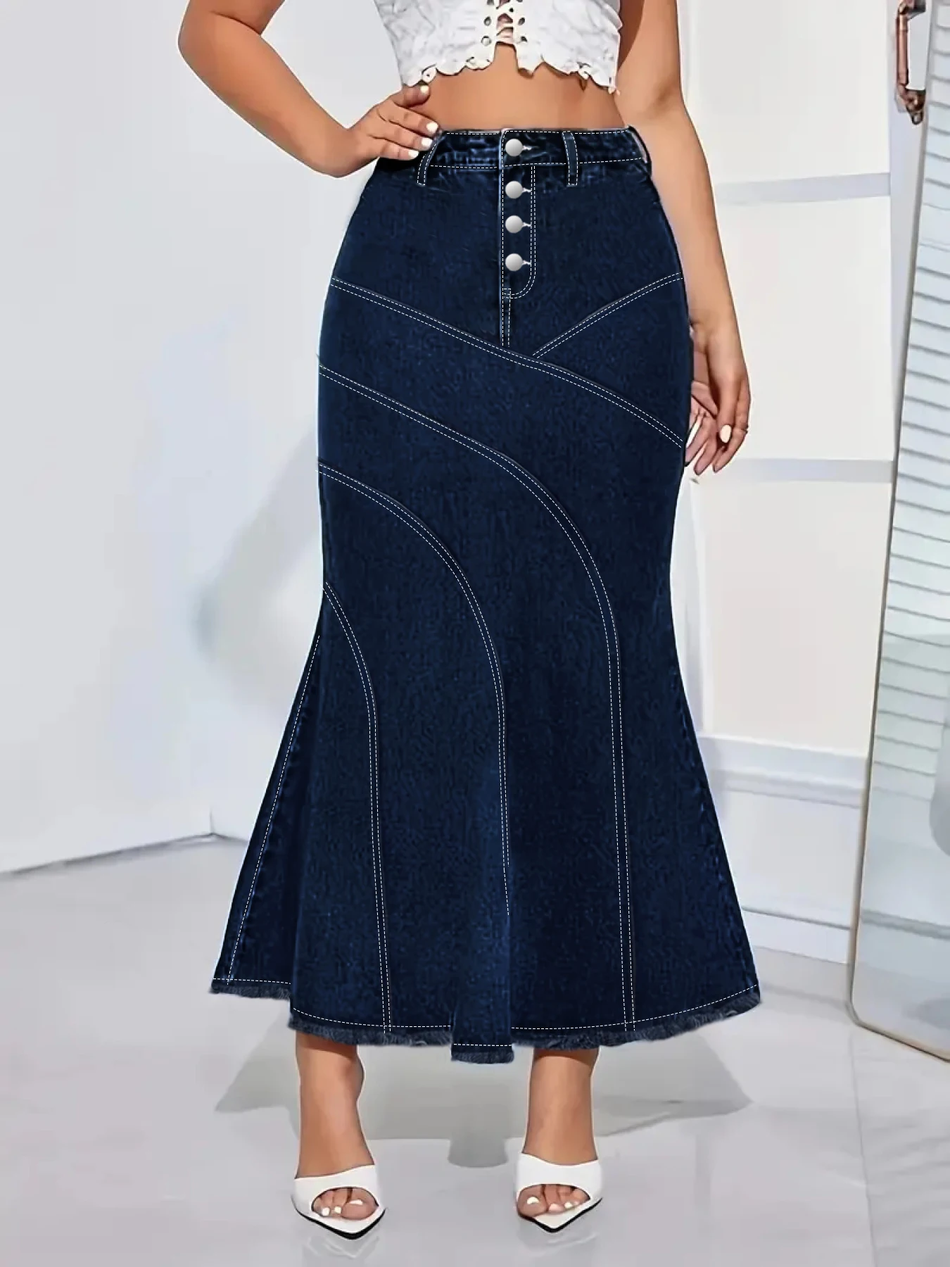 

Джинсовая юбка больших размеров с высокой талией, модный дизайн на пуговицах, облегающая эластичная женская джинсовая юбка больших размеров