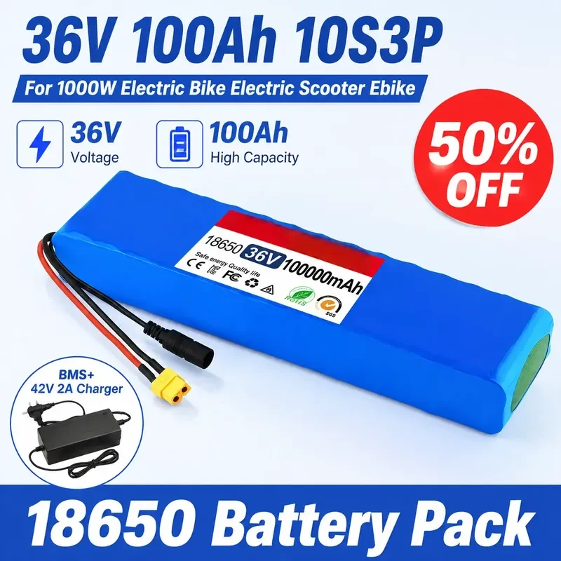 

36V 100Ah 10S3P 18650 Battery Pack for 1000W Electric Bike Electric Scooter Ebike Rechargeable Power Battery BMS+42V2A Charger