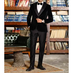 Black Velvet Men Suits Fashion Peak Lapel One Button Wedding Tuxedo 3 Piece Party Prom Formal Male Suit (Blazer+Vest+Pants)