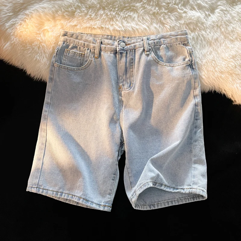 

2024 Summer Men's Retro Solid Color Short Jeans Male Fashion Casual Knee Length Pant Men Streetwear Straight Denim Shorts F34