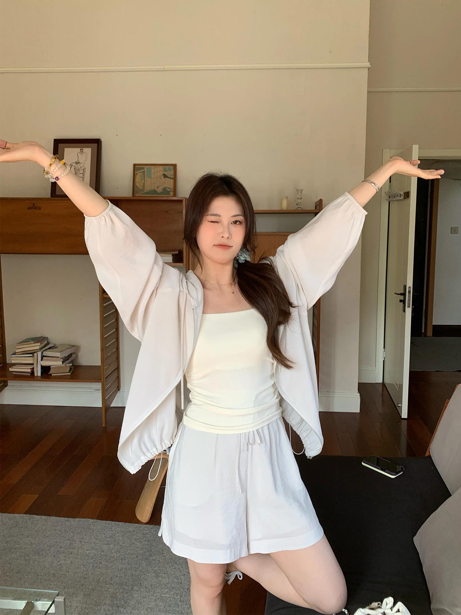 

NAZ plus Size Summer Sun Protection Casual Breathable orts Slimming Transparent Polyester Two-Piece Set High Waist orts