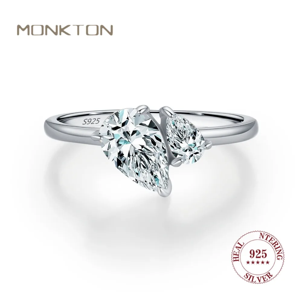 

Monkton, натуральное серебро S925, два камня, кольца с каплями воды для женщин, ослепительный дизайн, грушевидная форма, кольцо на палец с фианитом, ювелирные изделия