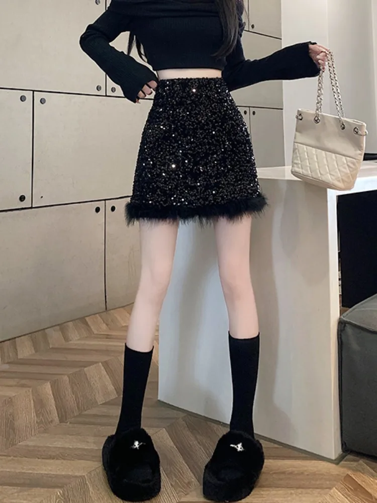 Modna spódnica z wysokim stanem, cekinowa, damska, nowa kolekcja jesień-zima 2025, spódnica w kształcie litery A, srebrna spódnica do połowy łydki.