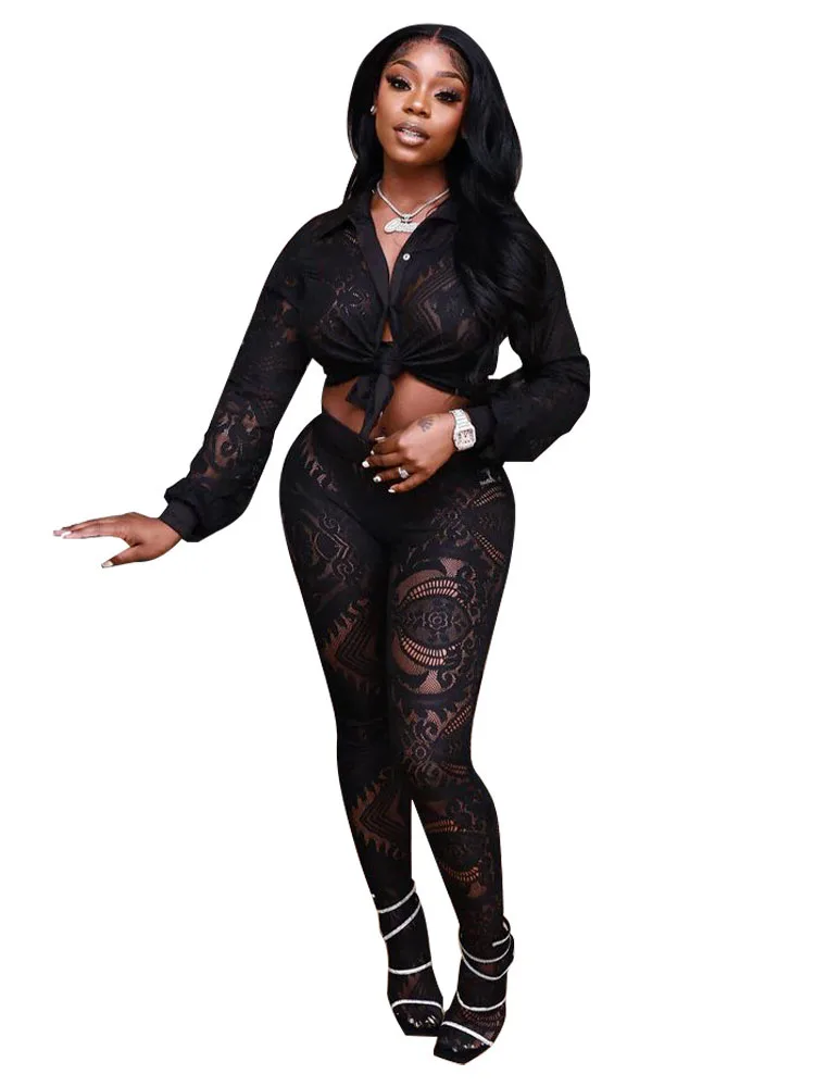 

Black Lace Sheer Two Piece Bodycon Set Party See Through Night Club Outfits For Women Tops And Pants Evening Clubwear 2pcs Sets