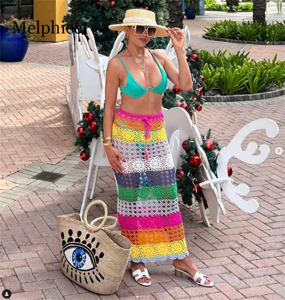 Melphieer Mehrfarbiger Häkel-Maxirock für Damen, Einheitsgröße, verstellbar, atemberaubender Häkel-Bikini-Vertuschung, Mädchen-Multi-Strandrock