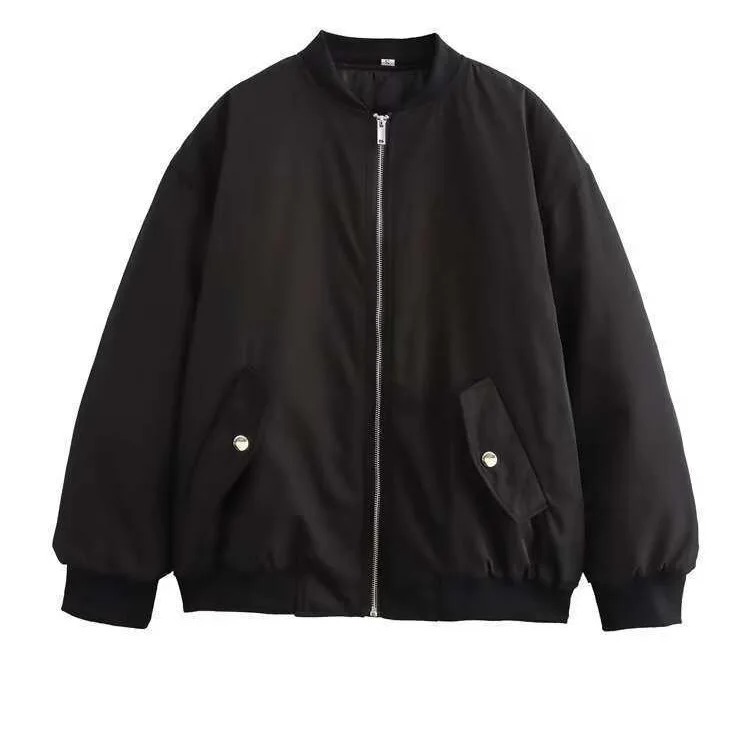

KIDCRKJ 2026 Women Spring Baseball Coat Round Neck Black Zipper Fly Female Bomber Jacket Minimalist Sports Lady Motorcycle Coat