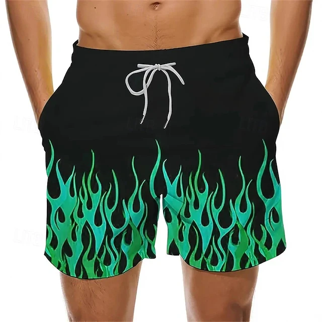 Hawaiian Style Beach Shorts For Men Flame Graphic 3D Print Board Shorts Summer Casual Drawstring Waist Party Beachwear Bottoms
