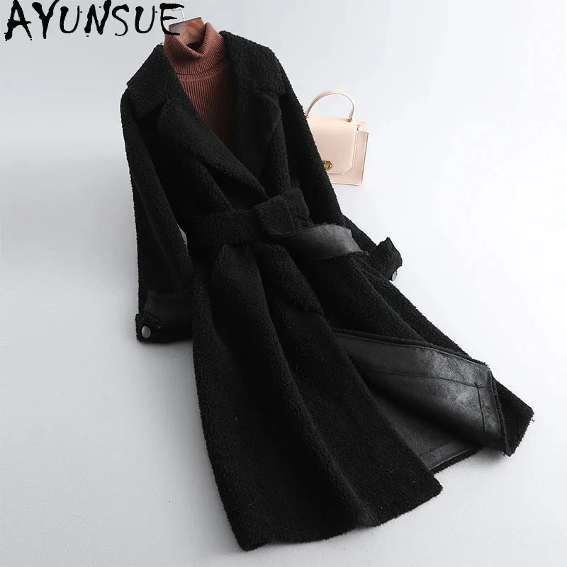 

100% AYUNSUE Sheep Shearing Jackets for Women 2024 Autumn Winter Elegant Wool Coat Classic Black Fur Coats Roupas Femininas