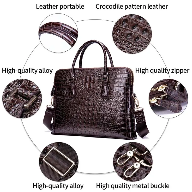 Sac à main d'affaires en cuir de vachette pour homme, étui Bombes, motif crocodile, cuir véritable, ordinateur portable 14 ", sac de bureau pour homme, noir, nouvelle marque