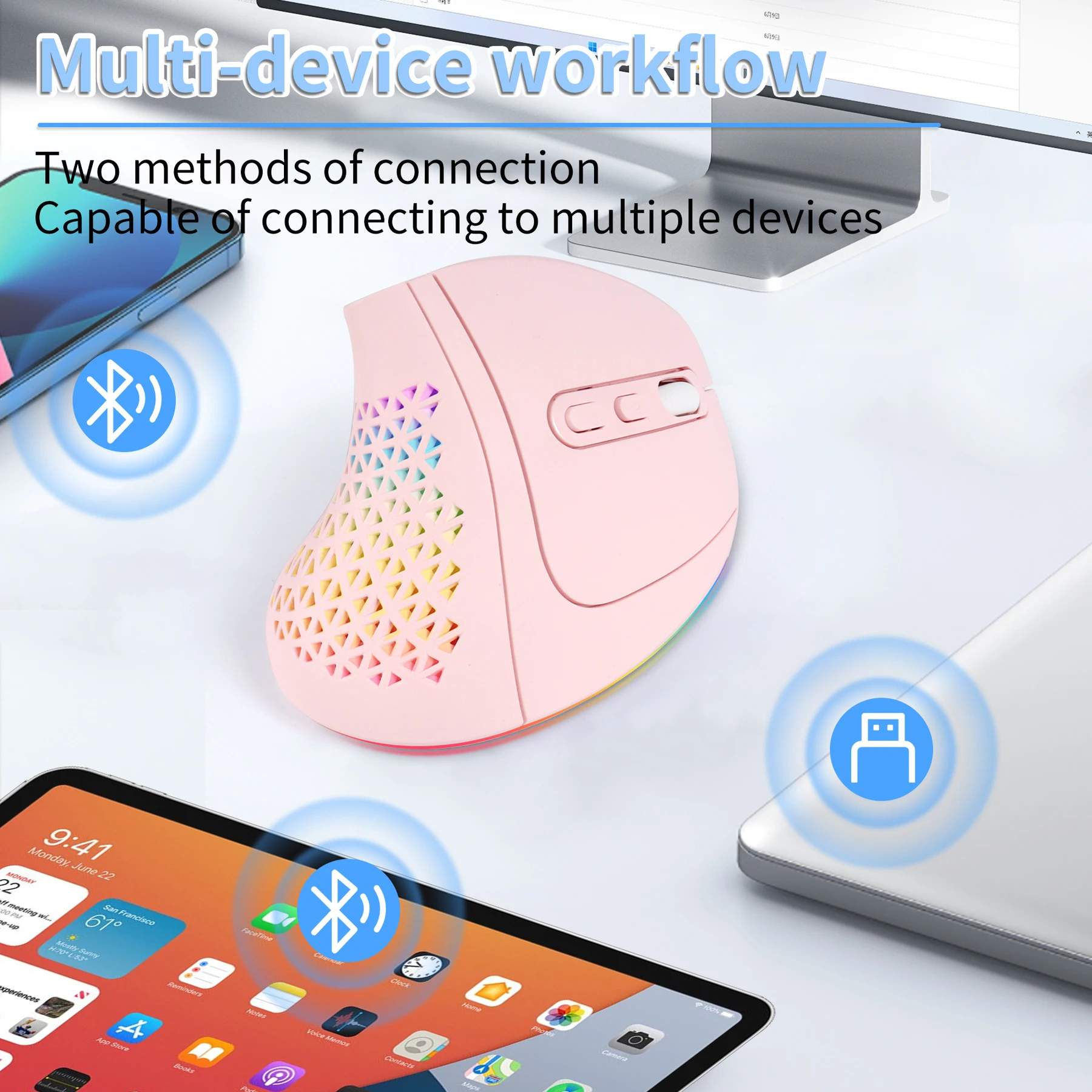 

Ergonomic Rechargeable Vertical Mouse Bluetooth+2.4Ghz Dual-mode RGB Colored Lights Computer Gaming Mice For Desktop Laptop PC