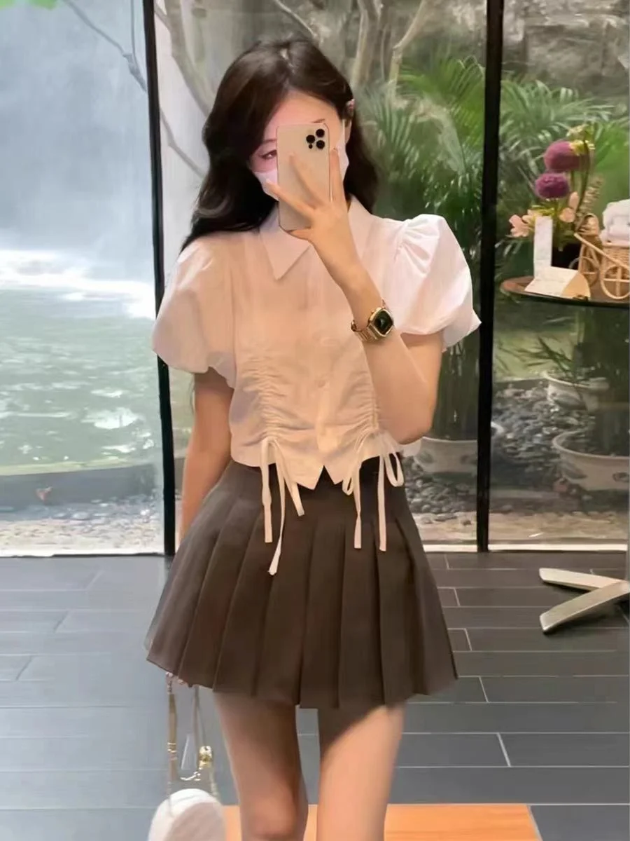 

Summer 2024 New Style College Wind Short Sleeve Sweet Design Sense Women's Shirt And Skirt Set Polyester Fabric Collar B...