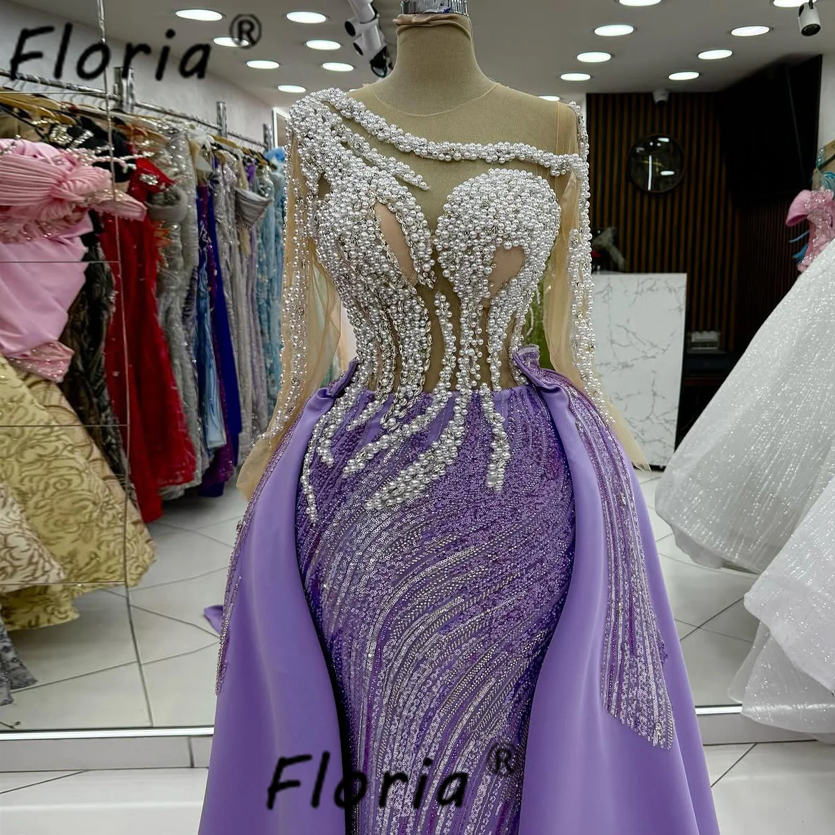 Luxury Dubai Purple Mermaid Evening Dress with Detachable Train Heavy Beads Pearls Wedding Party Gowns Customized Vestidos gala