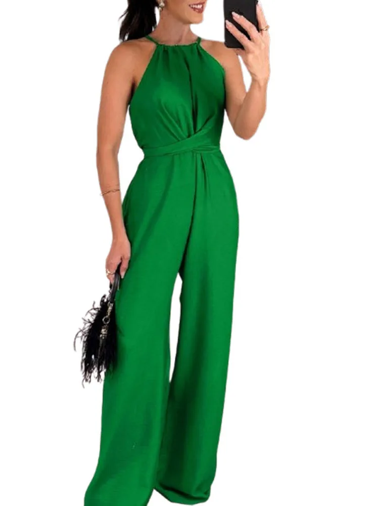 Verão nova cor pura feminina sve sexy fino ajuste pendurado ne cintura cinching calças de uma peça com cinto cintura baixa calças compridas