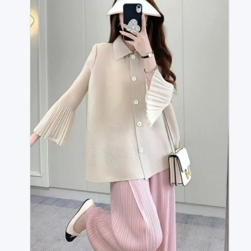 Harajuku Pleated Trench Coat Single-breasted Flared Sleeves Top Women Shirt Sun Protection Cardigan Sweet Lightweight Jacket