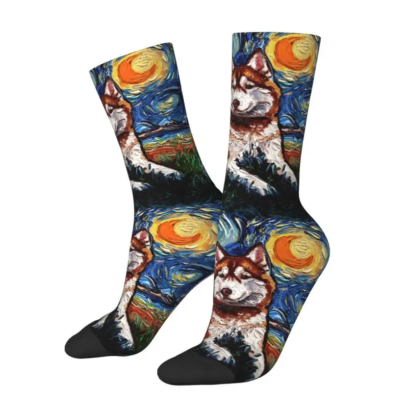 Siberian Husky Starry Night Art Men's Crew Socks Unisex Kawaii 3D Print Pet Dog Lover Dress Socks