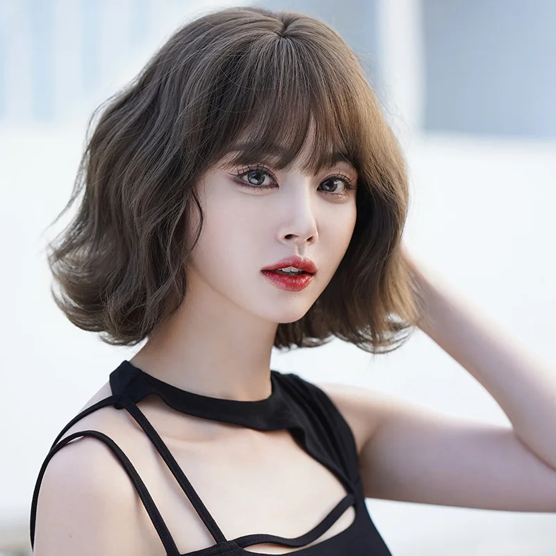 

Female Short Wig with Bangs Fluffy Natural Curly Wavy Bob Wigs for Women Shoulder Length Wigs Natural Looking Synthetic Hair Wig