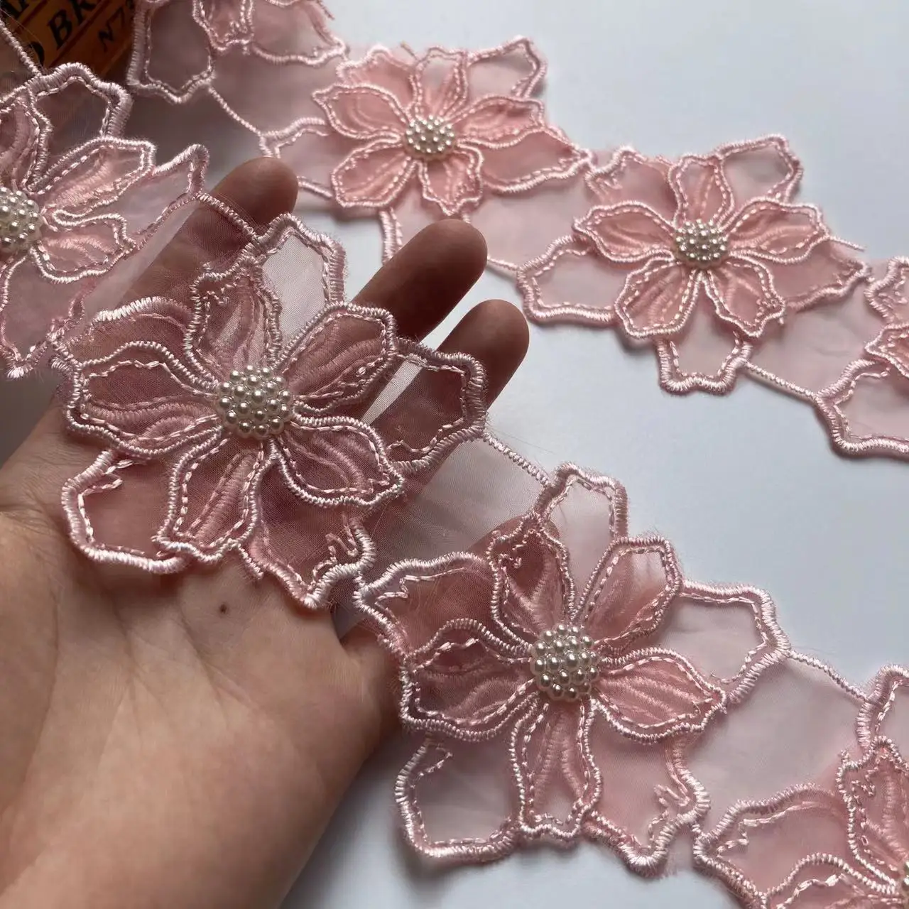 1 Yard 7.5cm Pink Pearl Beaded Embroidered Flower Lace Trim Floral Applique Patches Fabric Sewing Craft Vintage Wedding Dress