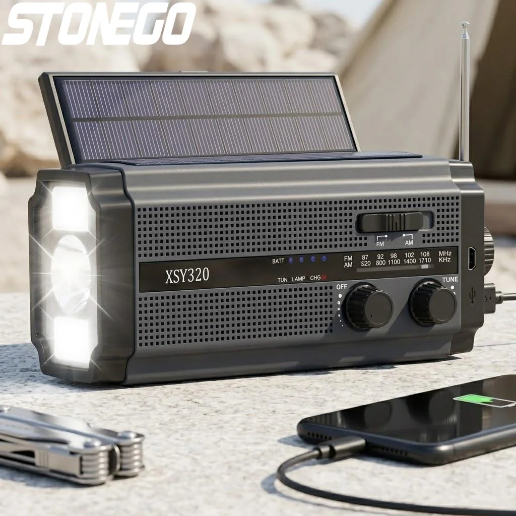 

Солнечное аварийное радио AM/FM с аккумулятором 5000 мАч, портативное, с ручным USB-зарядным устройством, LED-фонариком, сигнализацией SOS для кемпинга, походов и активного отдыха