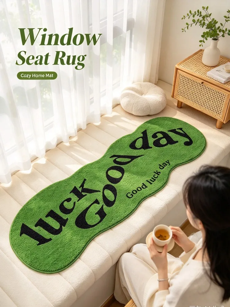 VIKAMA Green Lucky Day Runner Rug Irregular Fluffy Bedside Carpet with Good Luck Day Letter Print for Bedroom Living Room Window