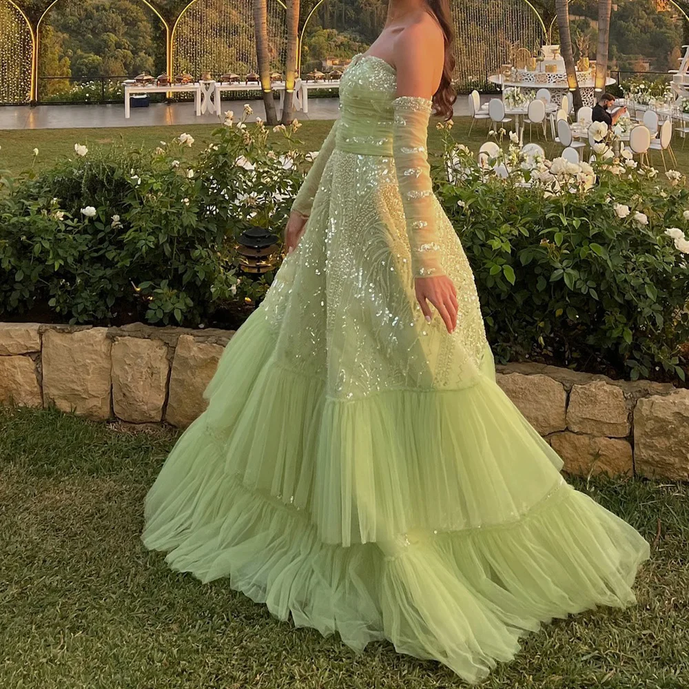 

Customized Green Tulle Sparkly Sequined Evening Dress Detachable Sleeve A-Line Zipper Back Sweetheart See Through Party Dresses